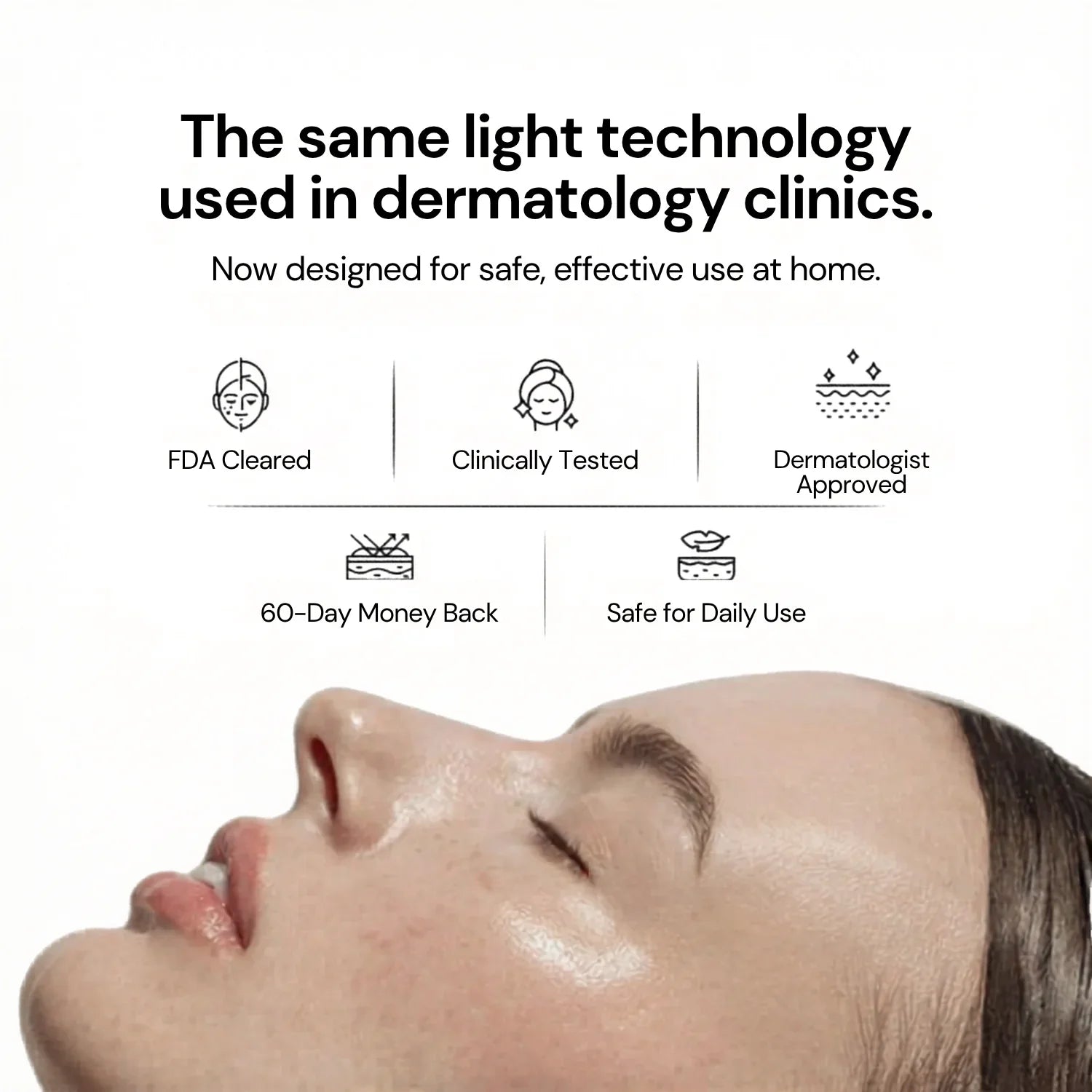 Woman with glowing skin under clinical-grade red light therapy benefits and safety icons