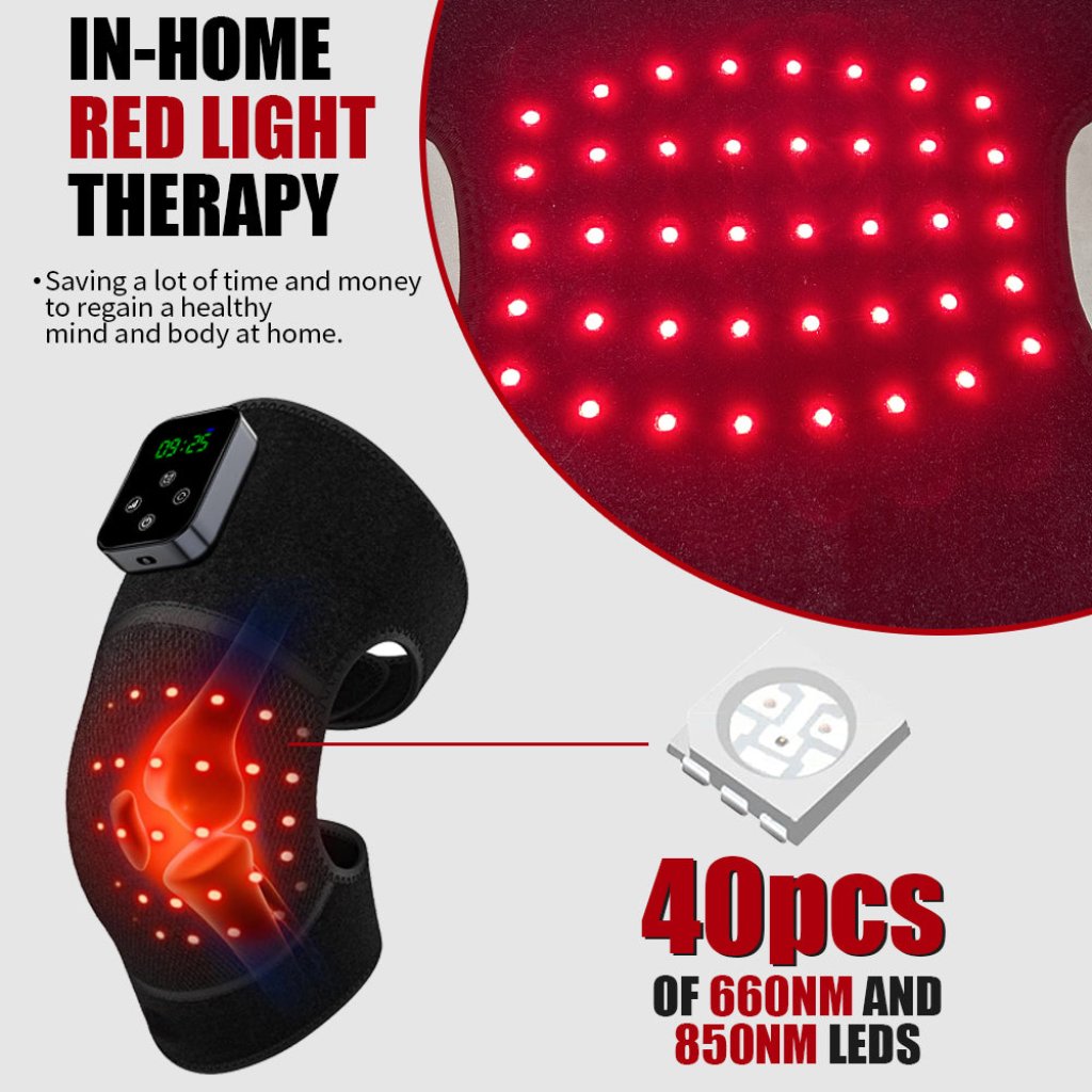 In-home red light therapy knee pad with 40 LED lights of 660nm and 850nm wavelengths, offering convenient pain relief.