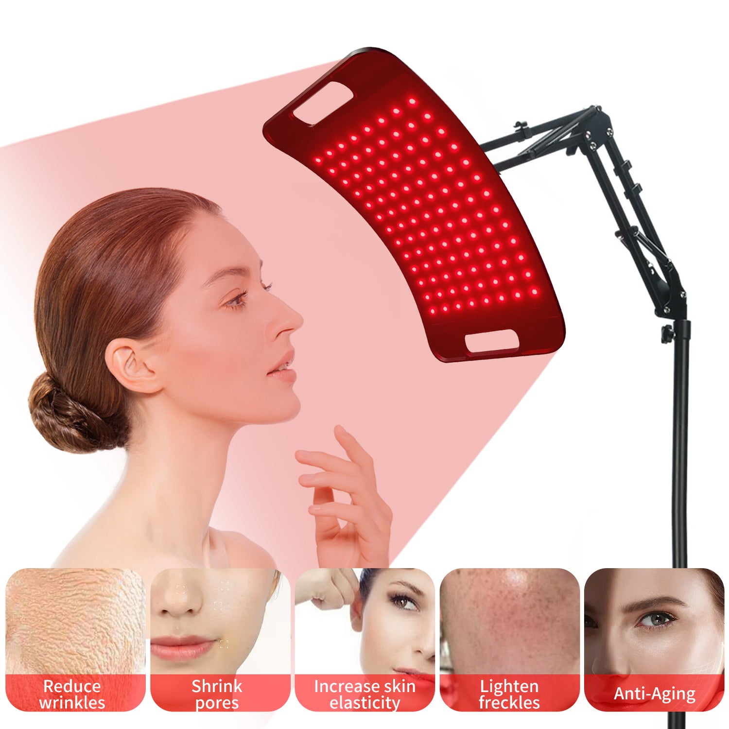 Woman using a red light therapy panel for facial treatment, demonstrating the effectiveness of red light therapy in skin rejuvenation and anti-aging.