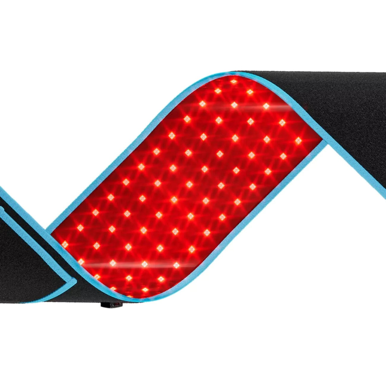 The red light therapy belt in a flexible position, highlighting its adaptability for use on various body parts like the back, abdomen, and legs for effective pain relief and recovery.