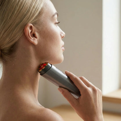 Woman using handheld red light therapy device on neck at home