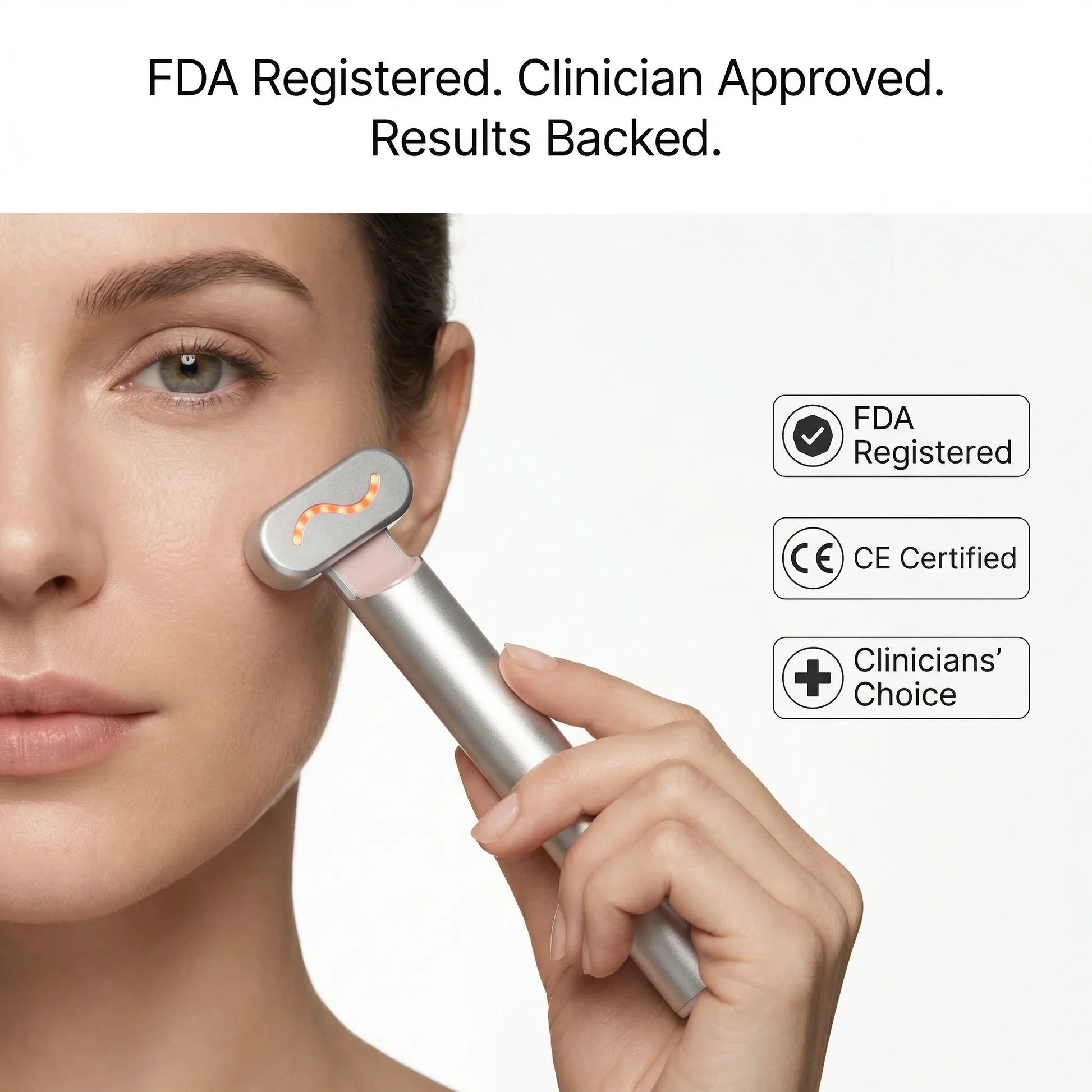 Woman using handheld red light therapy device on face, FDA registered and clinician approved