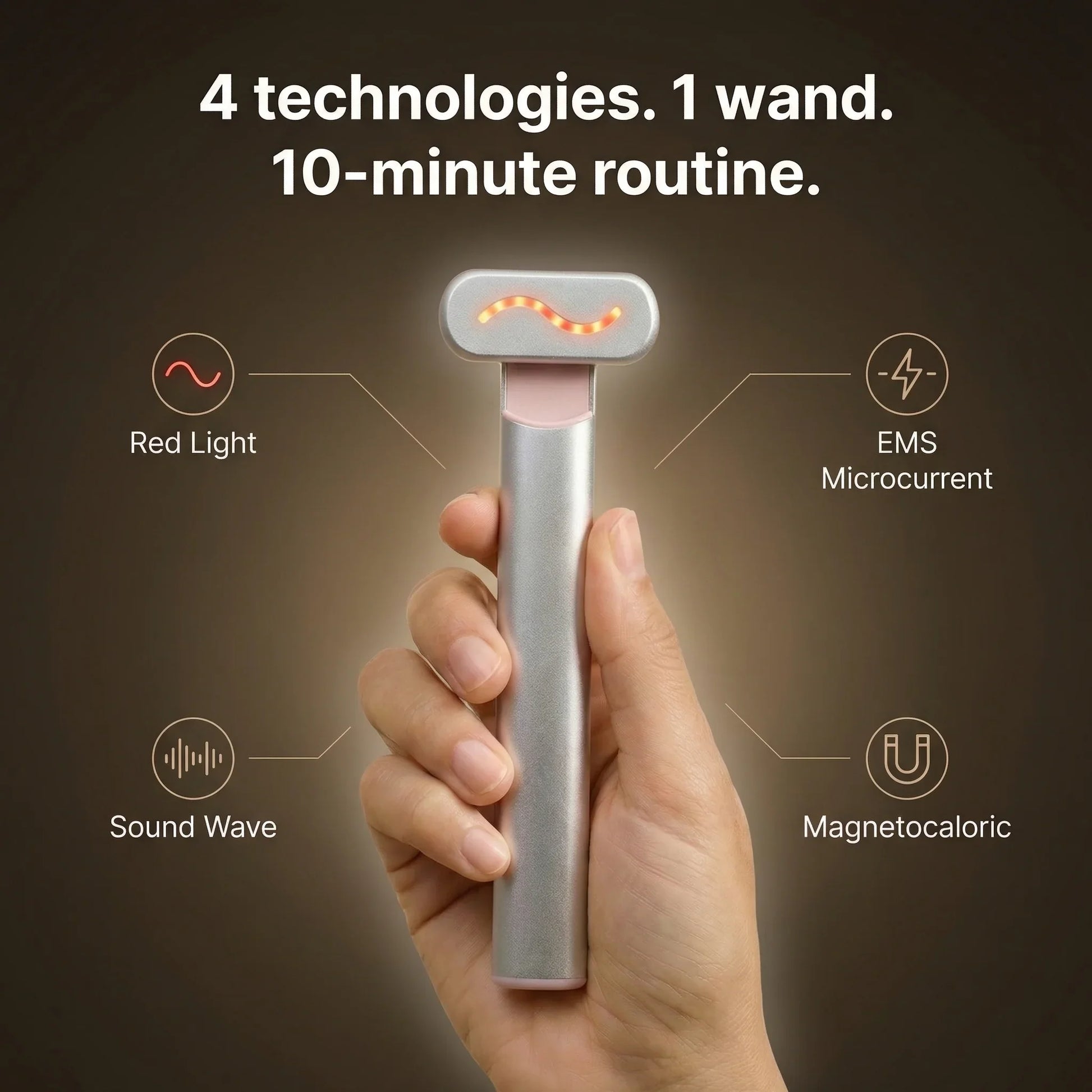 Hand holding a red light therapy wand device with EMS microcurrent, sound wave, and magnetocaloric features.