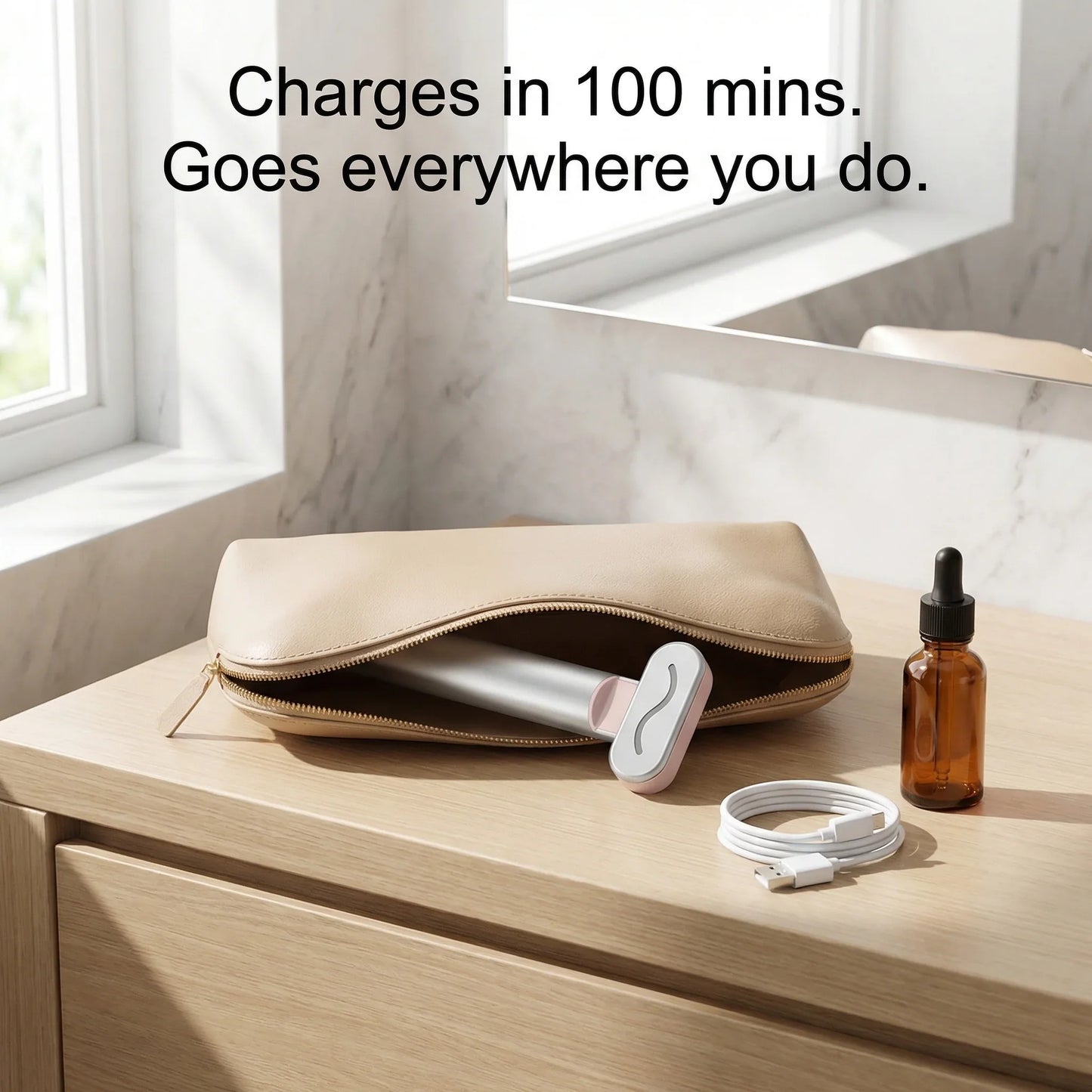 Portable red light therapy device with USB cable and serum bottle beside a beige pouch on a vanity.