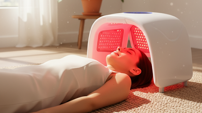 Person lying under a red light therapy device in a bright room with a plant.