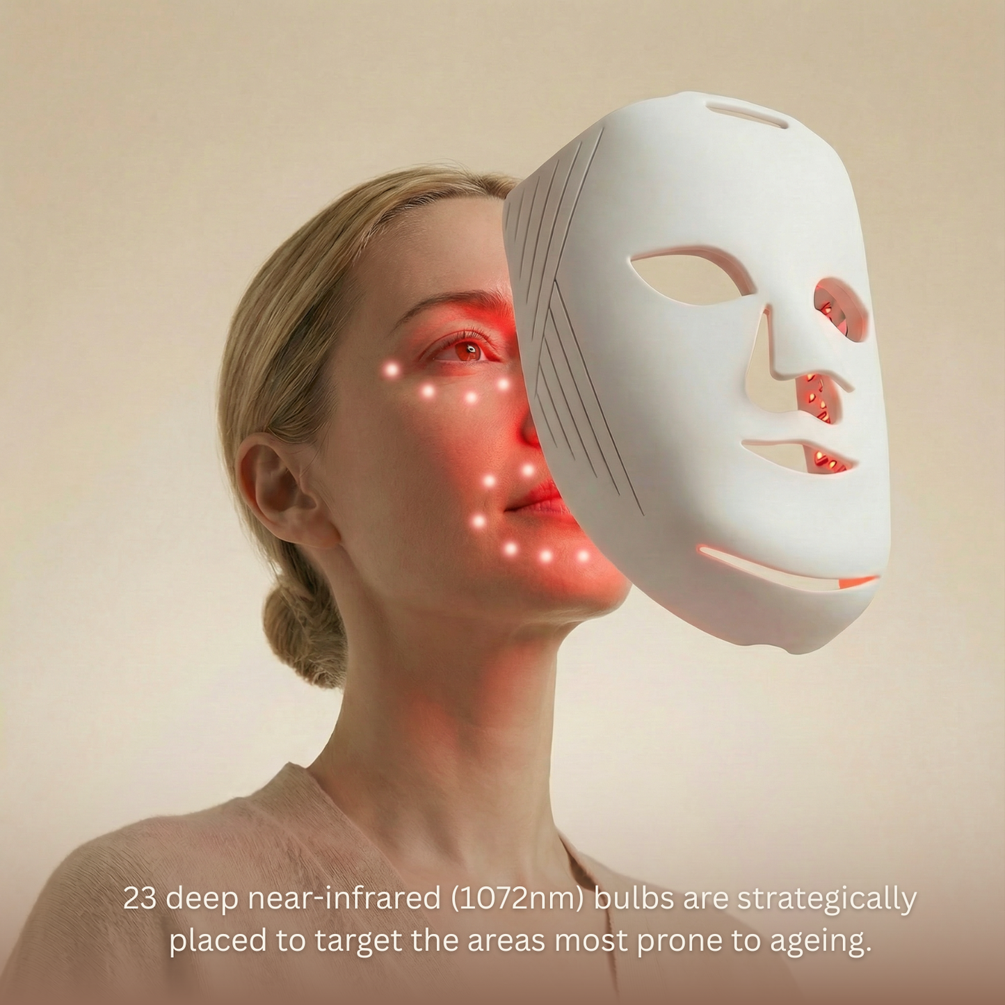 Woman using a LED face mask with text about deep near-infrared bulbs on a beige background
