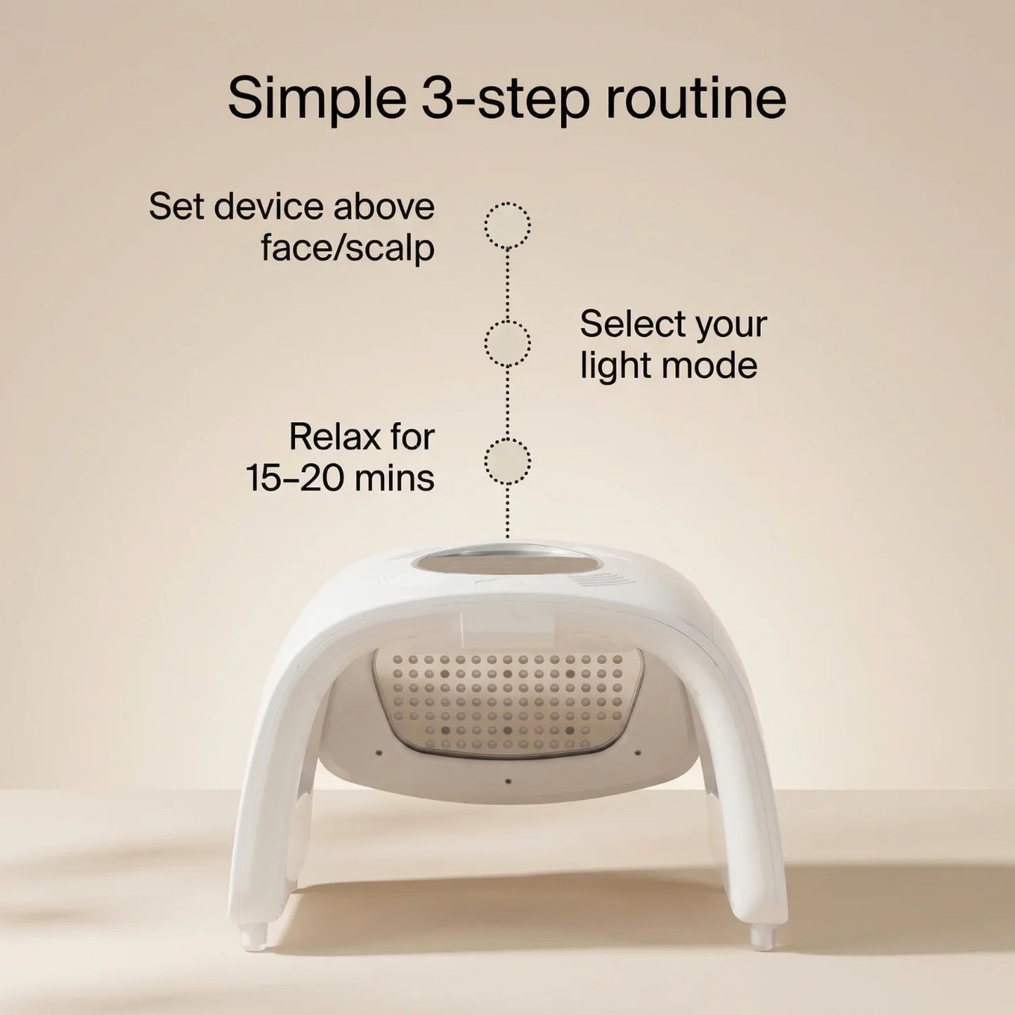 Red light therapy device with 3-step usage instructions for facial and scalp care