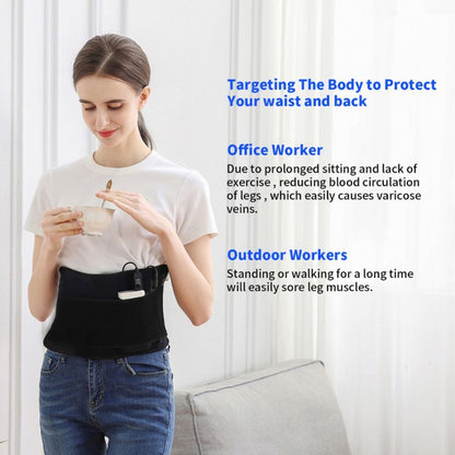 Woman using infrared therapy belt to relieve waist and back pain, ideal for office workers and prolonged sitting.