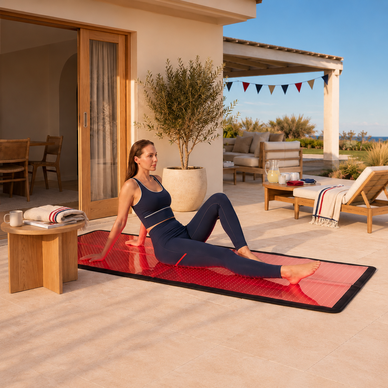 A woman in a navy blue activewear set sits on a red and black textured yoga mat on a sunlit outdoor patio. The setting features a modern villa with a pool area, lounge chairs, and a potted tree in the background.