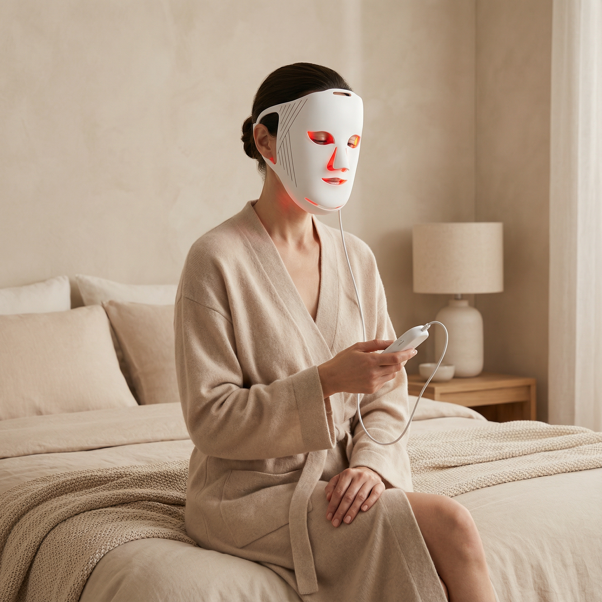 Person wearing a LED face mask in a bedroom setting