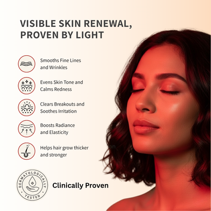Woman with glowing skin and visible skin renewal benefits listed on a beige background