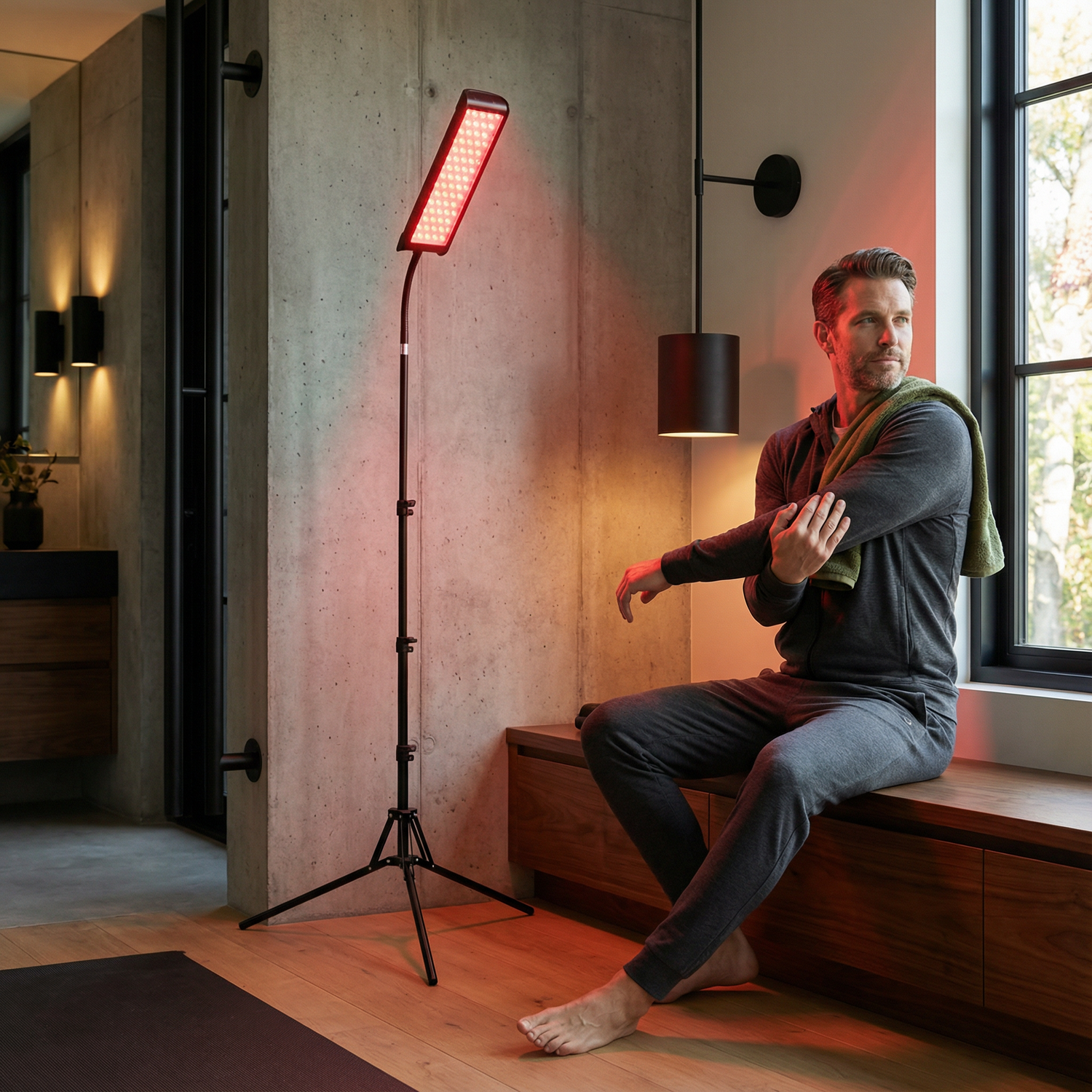 Man sitting on a windowsill with a red light therapy lamp in a modern room.