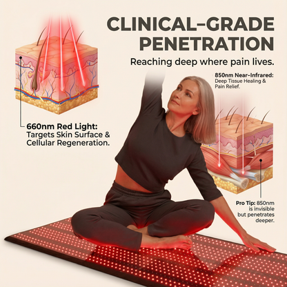 Woman using a red light therapy mat with clinical-grade penetration information.