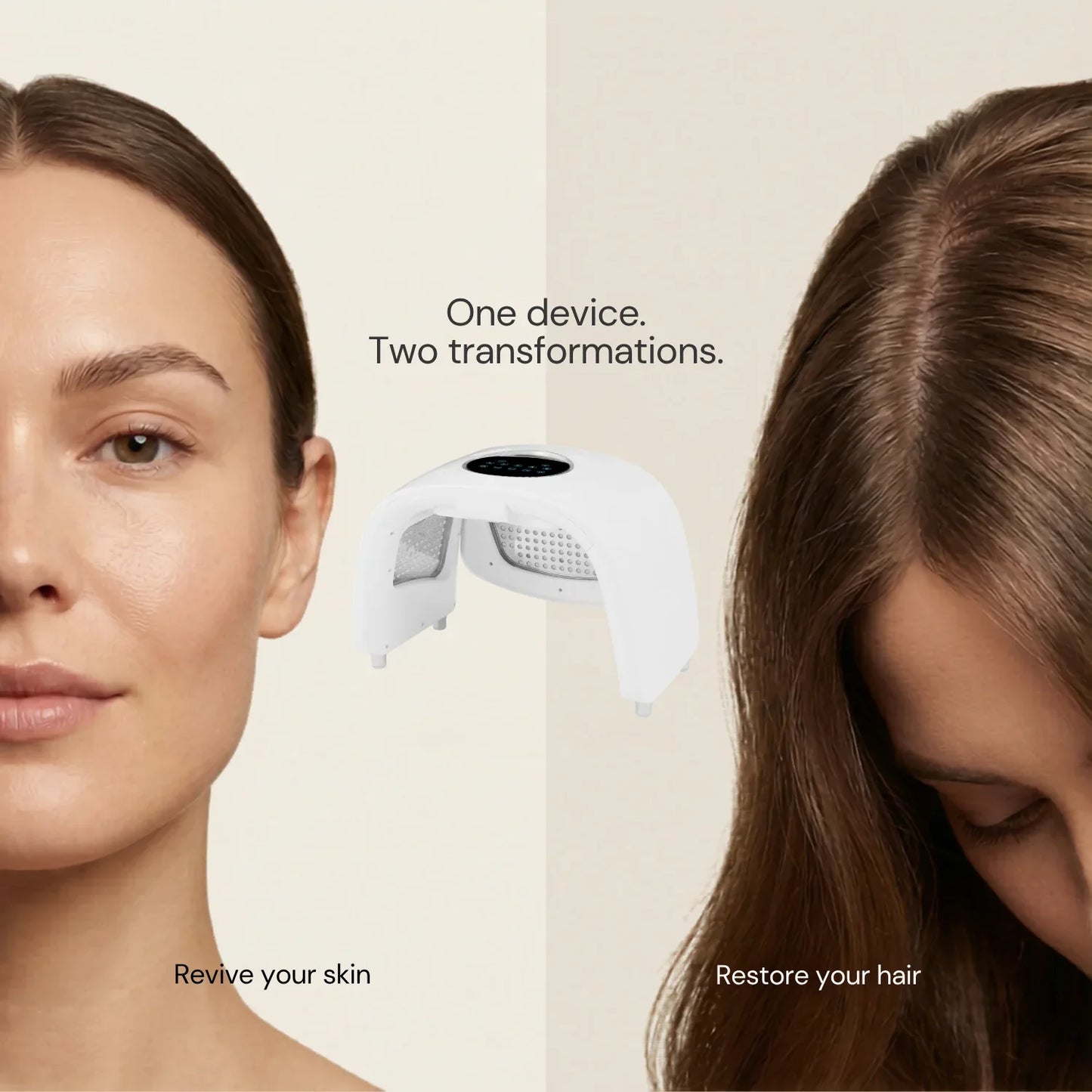 Multi-use red light therapy device for face and hair treatments, split-face and scalp visual.