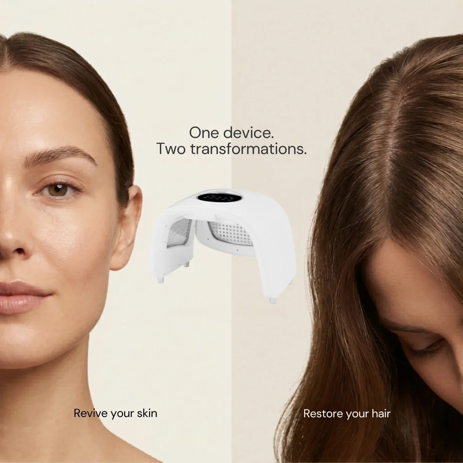 Multi-use red light therapy device for face and hair treatments, split-face and scalp visual.