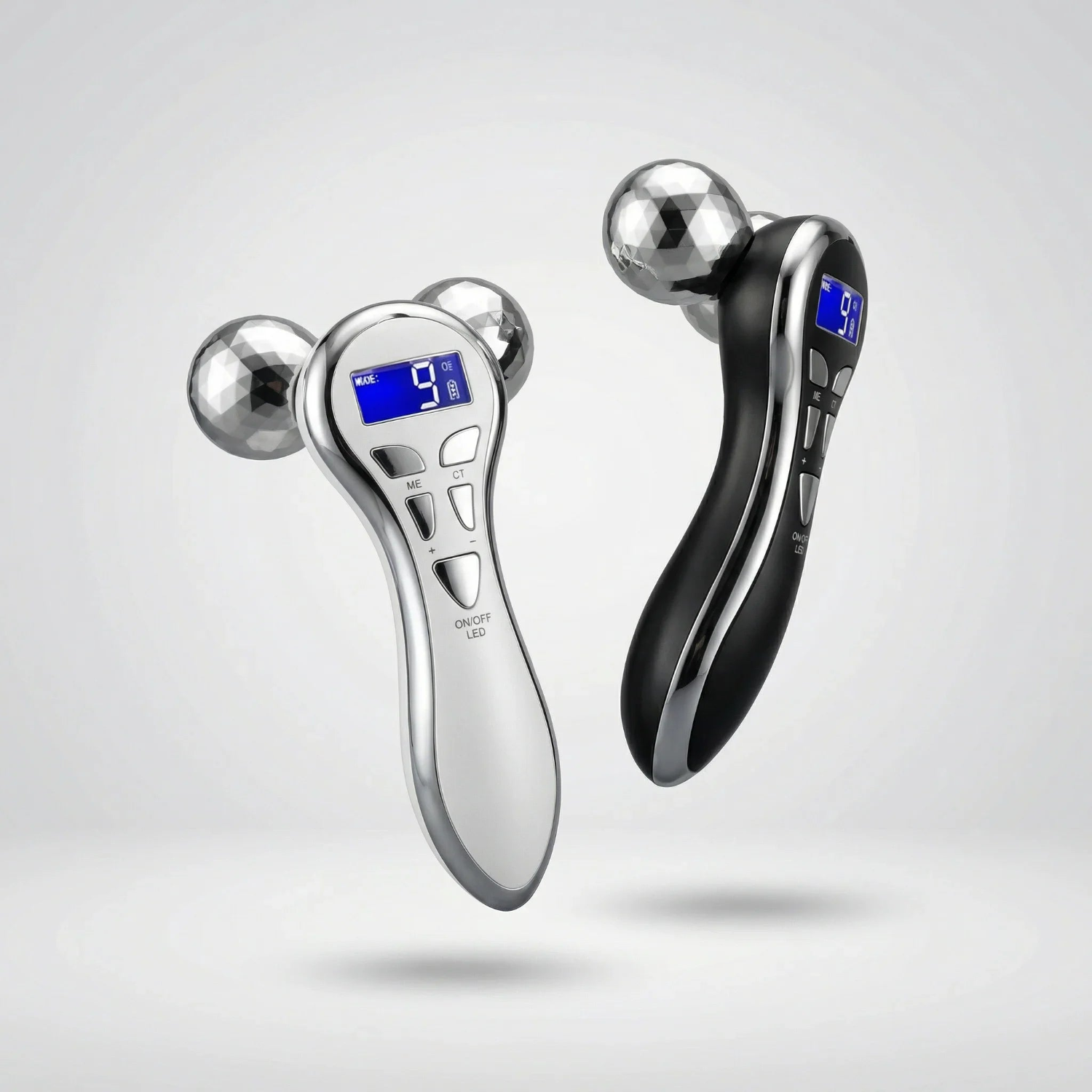 Two handheld massagers, one silver and one black, on a light gray background.
