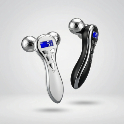 Two handheld massagers, one silver and one black, on a light gray background.