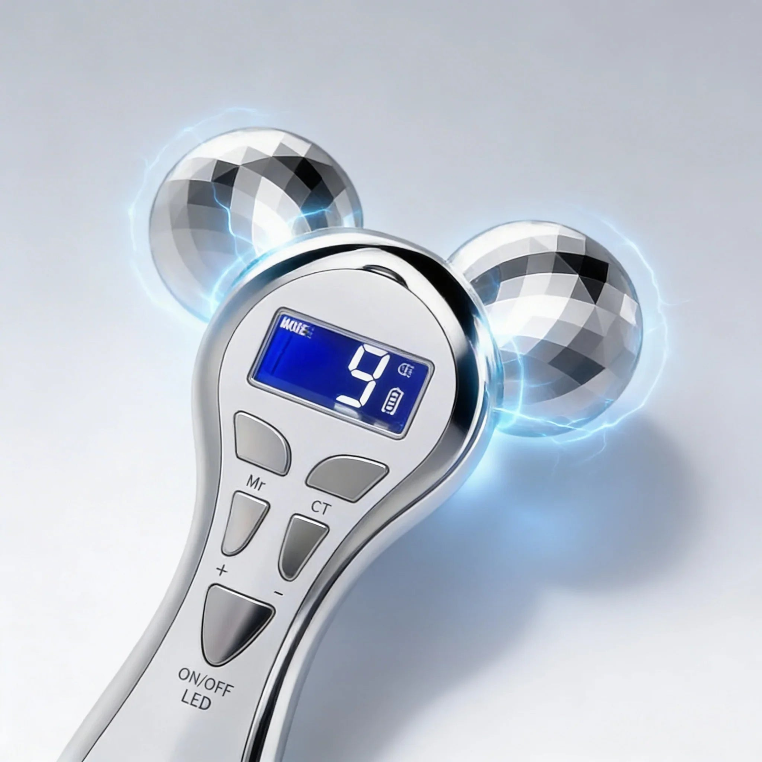 Handheld electronic device with digital display and control buttons on a light gray background