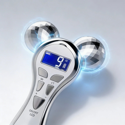 Handheld electronic device with digital display and control buttons on a light gray background