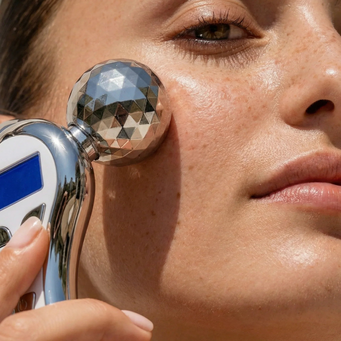 Woman using a handheld device on her face