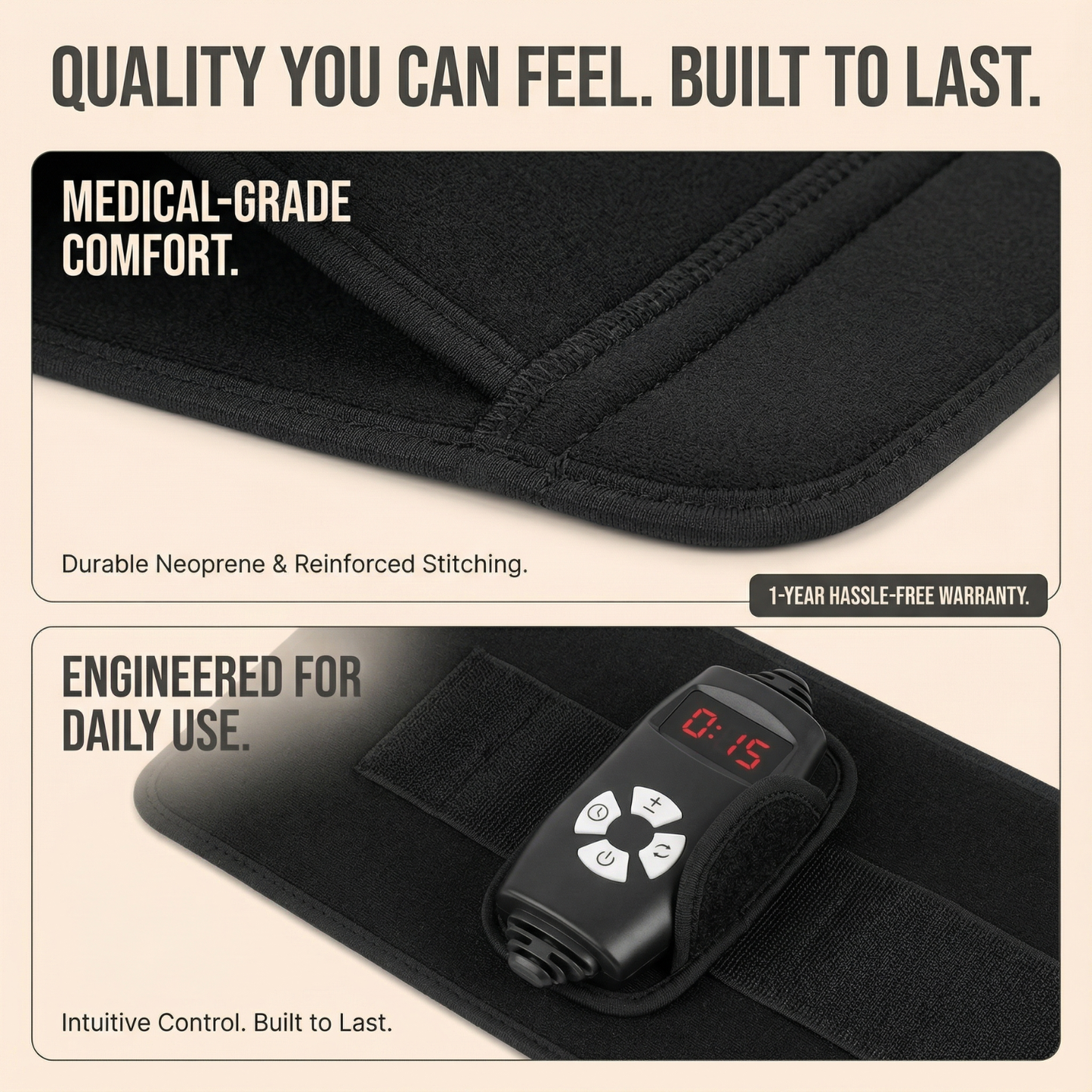 Black waist trainer with digital display and text highlighting quality, comfort, and engineering.