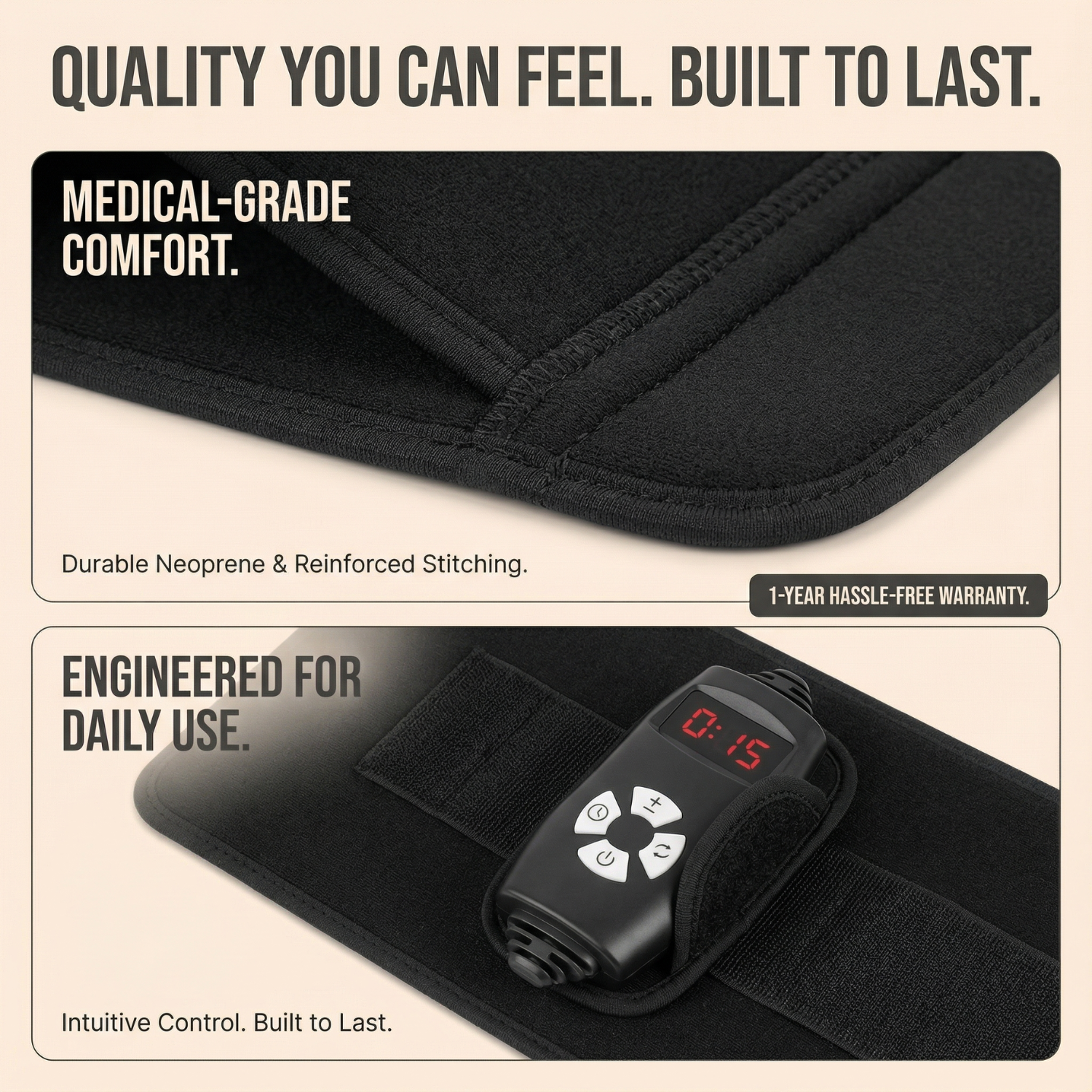 Black waist trainer with digital display and text highlighting quality, comfort, and engineering.