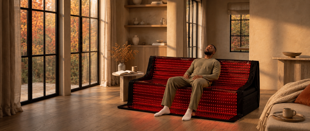 Man relaxing on a NiceBeam full-body red light therapy mat in a cozy autumn living room