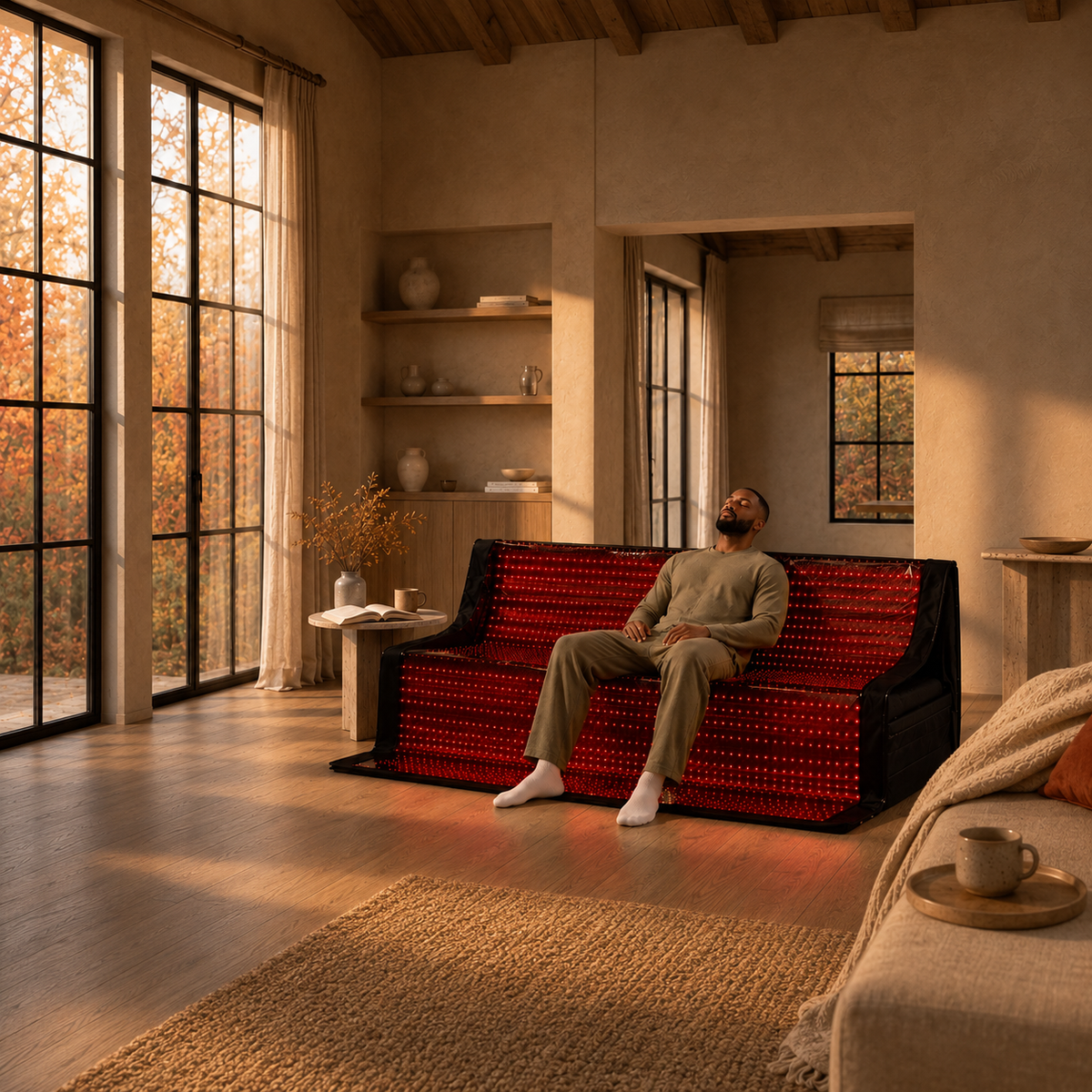 Man using a NiceBeam full-body red light therapy mat at home in autumn