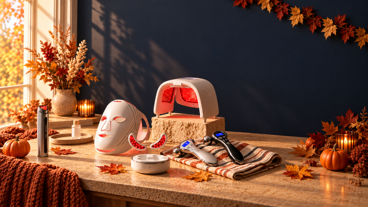 NiceBeam red light therapy device collection with LED face mask, panel and skincare tools amid fall decor