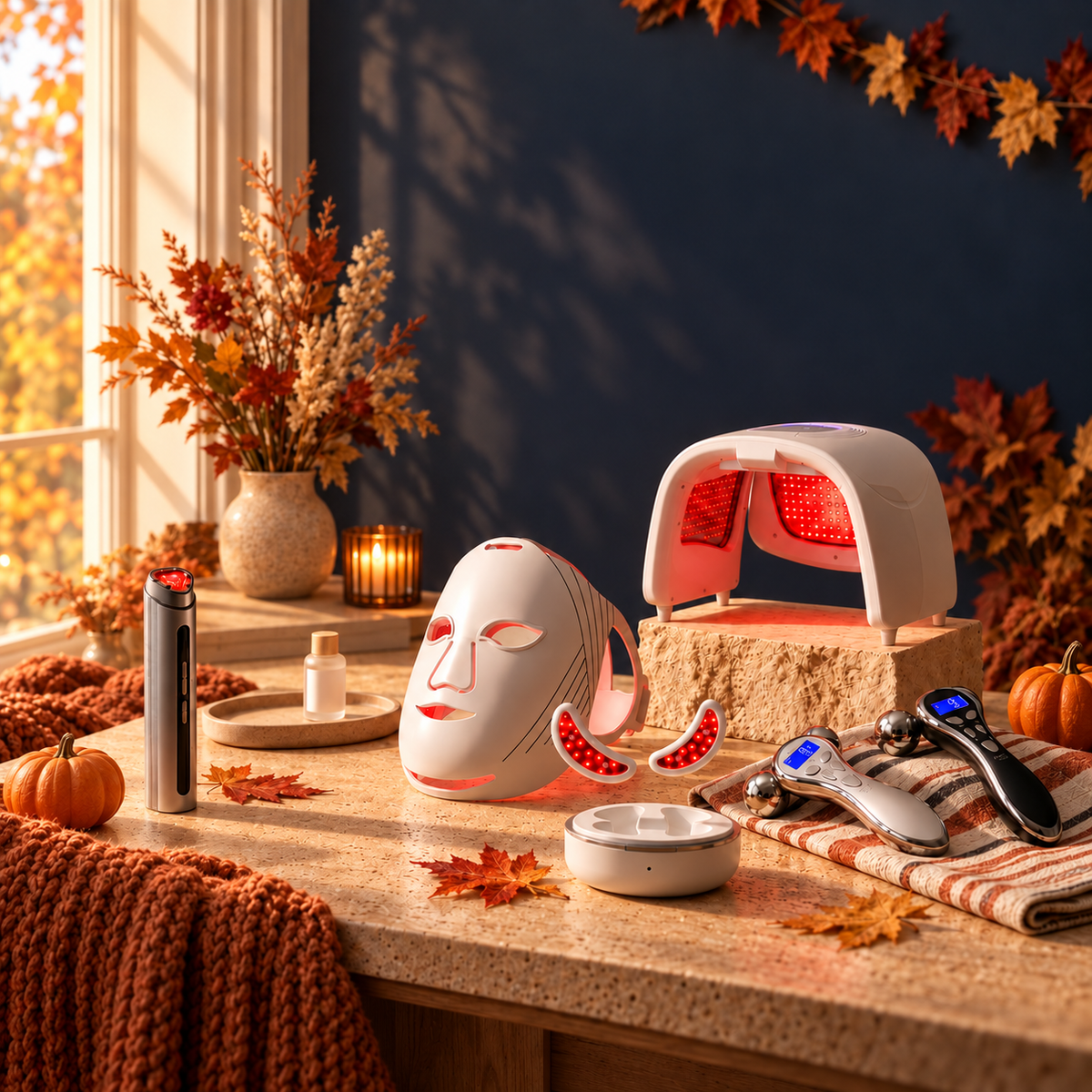 NiceBeam red light therapy skincare device collection with autumn pumpkins and maple leaves