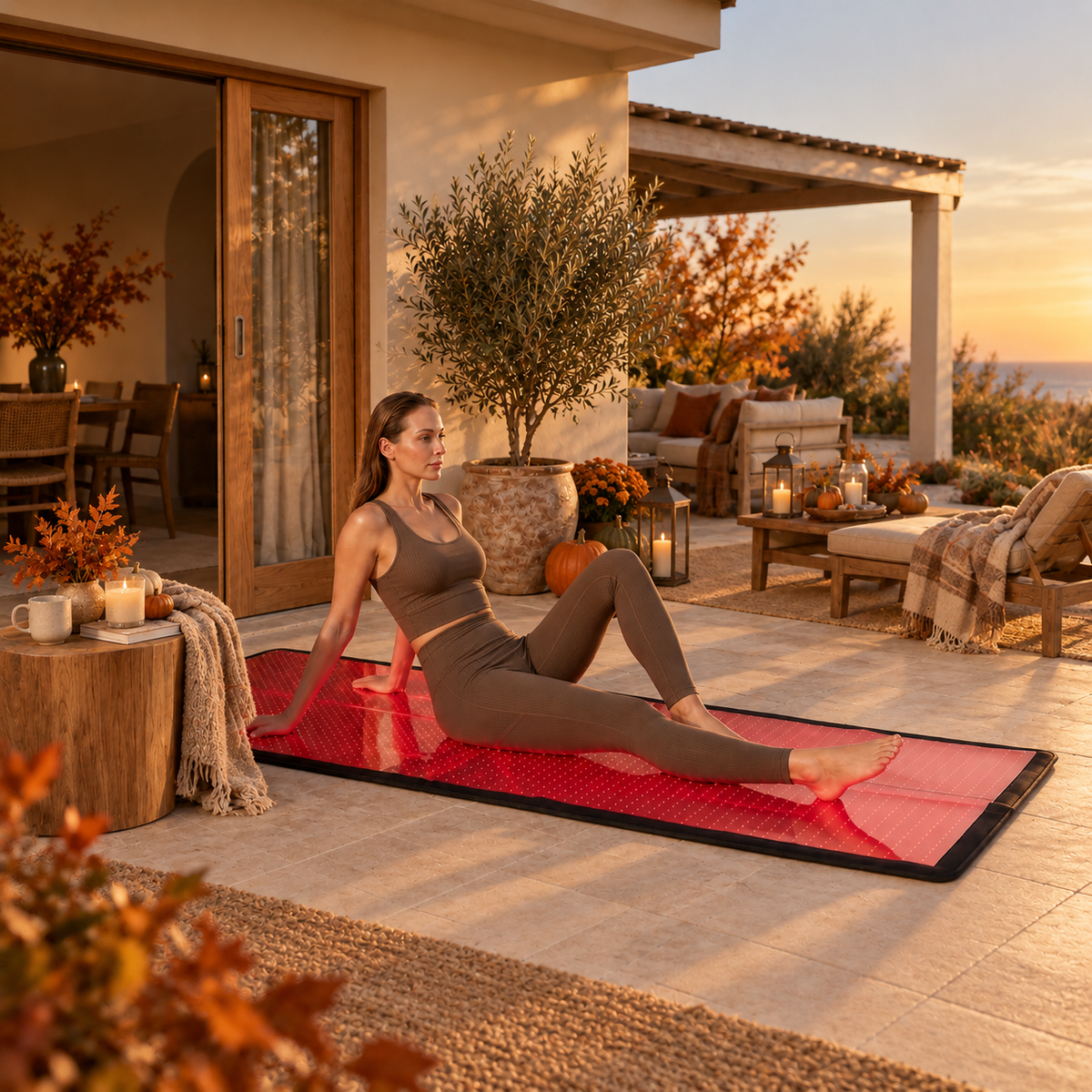 Woman using a NiceBeam full-body red light therapy mat outdoors at sunset in fall
