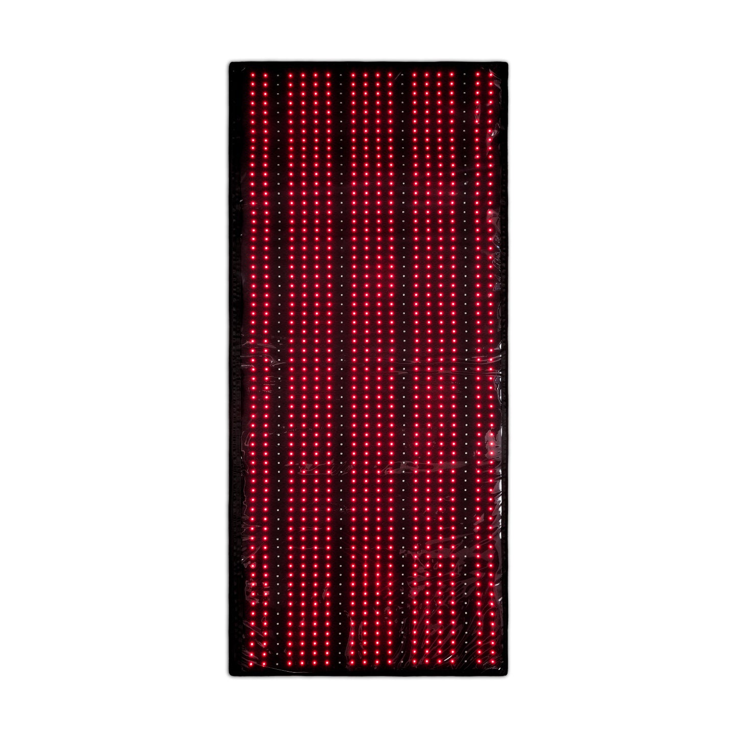 Rectangular LED sign with red lights on a white background