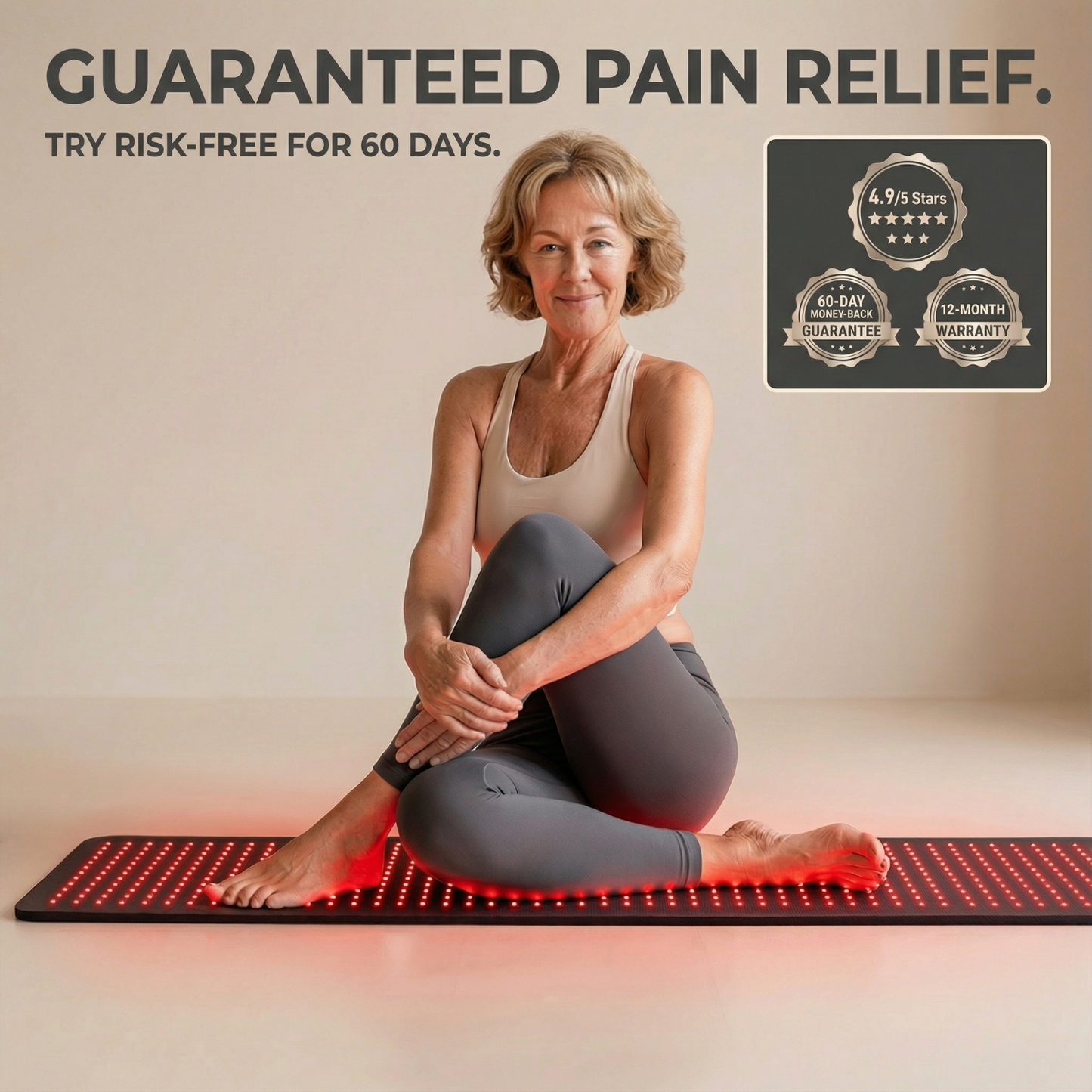 Woman using a red light therapy mat with promotional text about guaranteed pain relief and risk-free trial offer.