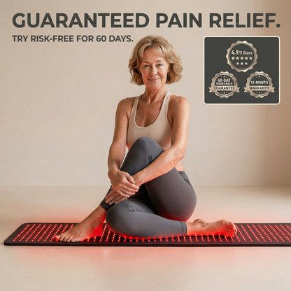 Woman using a red light therapy mat with promotional text about guaranteed pain relief and risk-free trial offer.