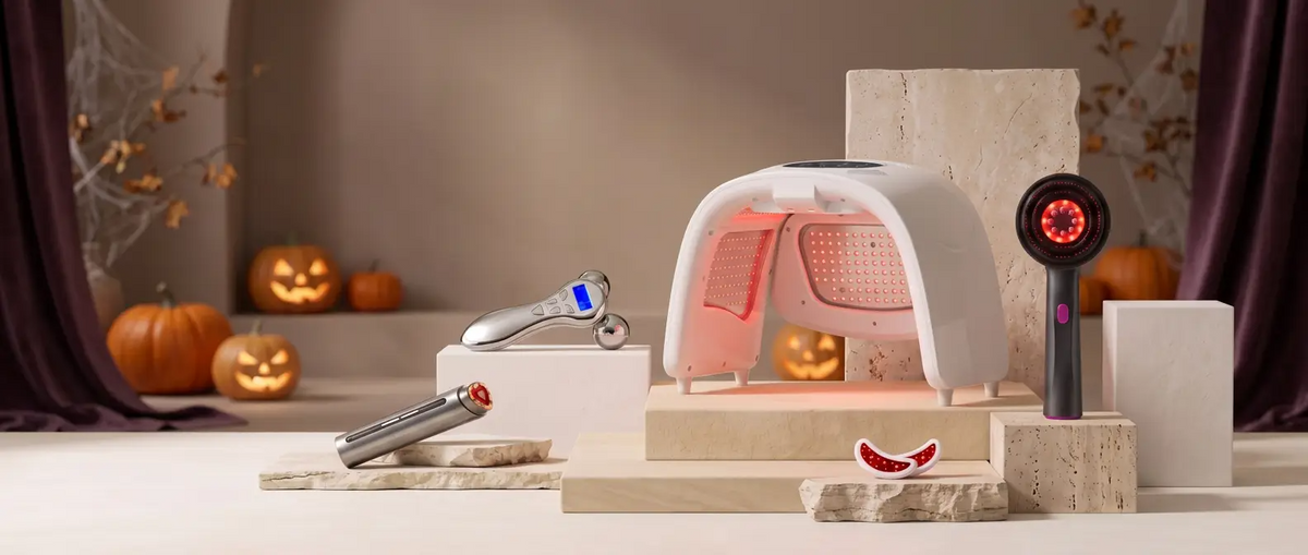 nicebeam red light therapy devices – LED face dome, handheld red light wands and facial roller in a Halloween display