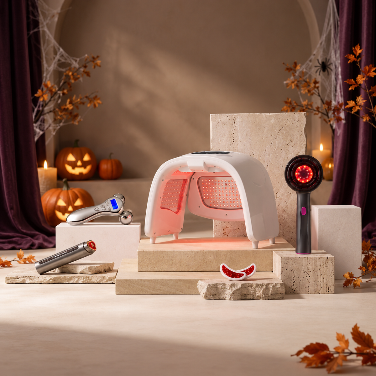 nicebeam red light therapy devices – LED face dome, handheld red light wands and facial roller in a Halloween display