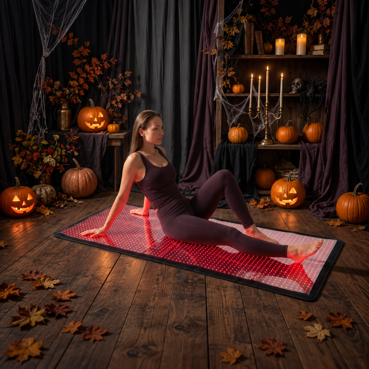Woman stretching on a full-body nicebeam red light therapy mat at home, surrounded by Halloween pumpkins