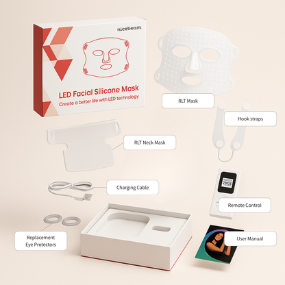 LED Facial Silicone Mask packaging with components on a beige background