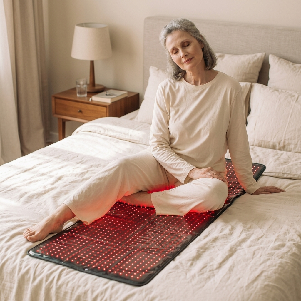 Woman relaxing in bed on the Nicebeam 63 inch red light therapy mat