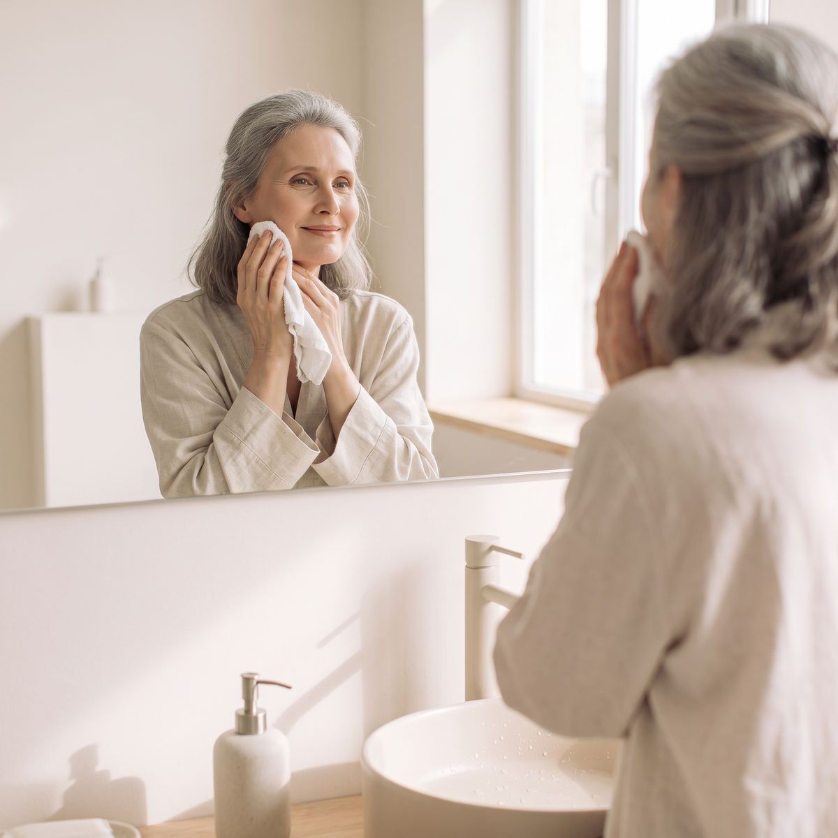 Woman waking up rested and calm after better sleep