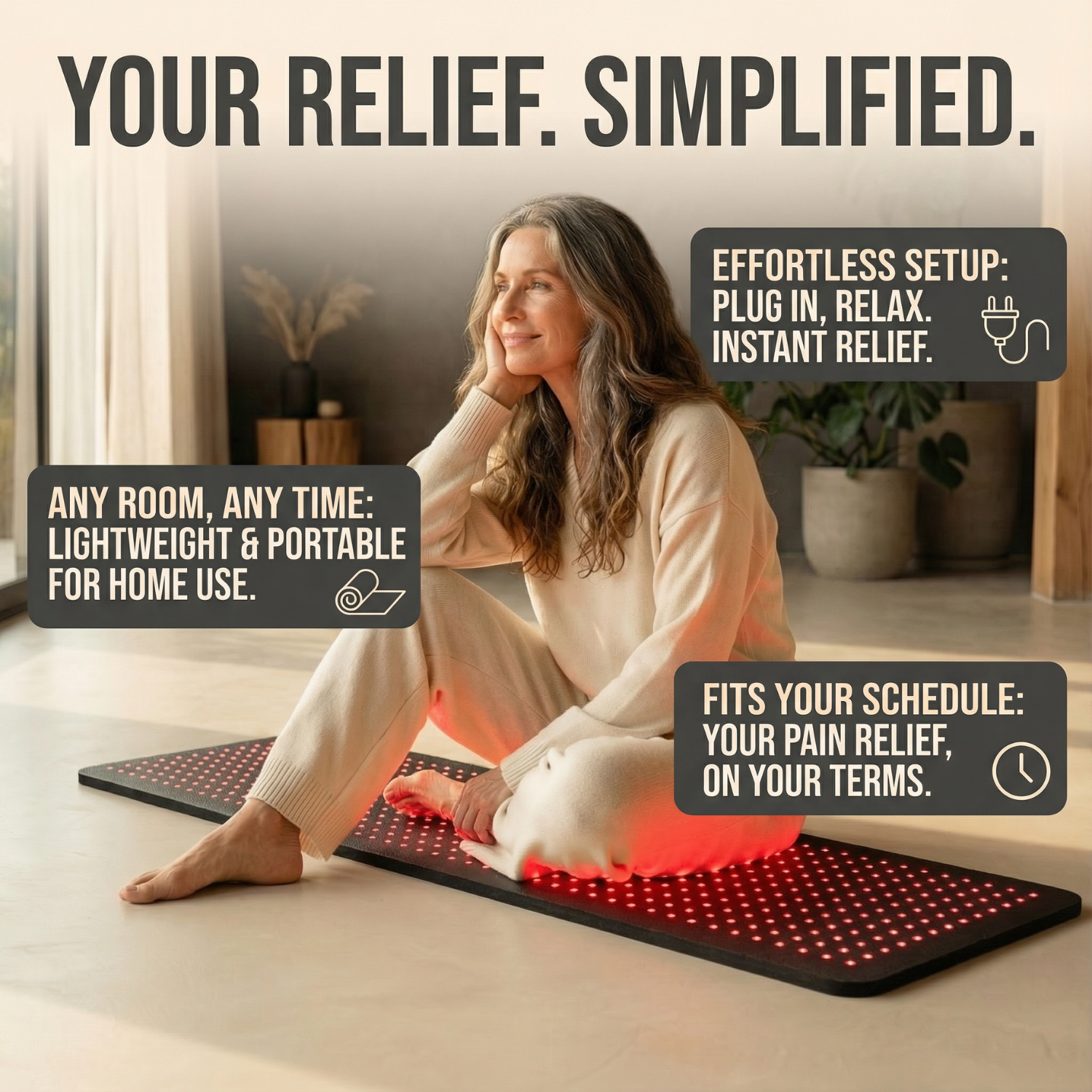 Woman using a pain relief mat in a home setting with promotional text about its features.