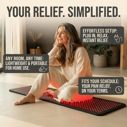 Woman using a pain relief mat in a home setting with promotional text about its features.