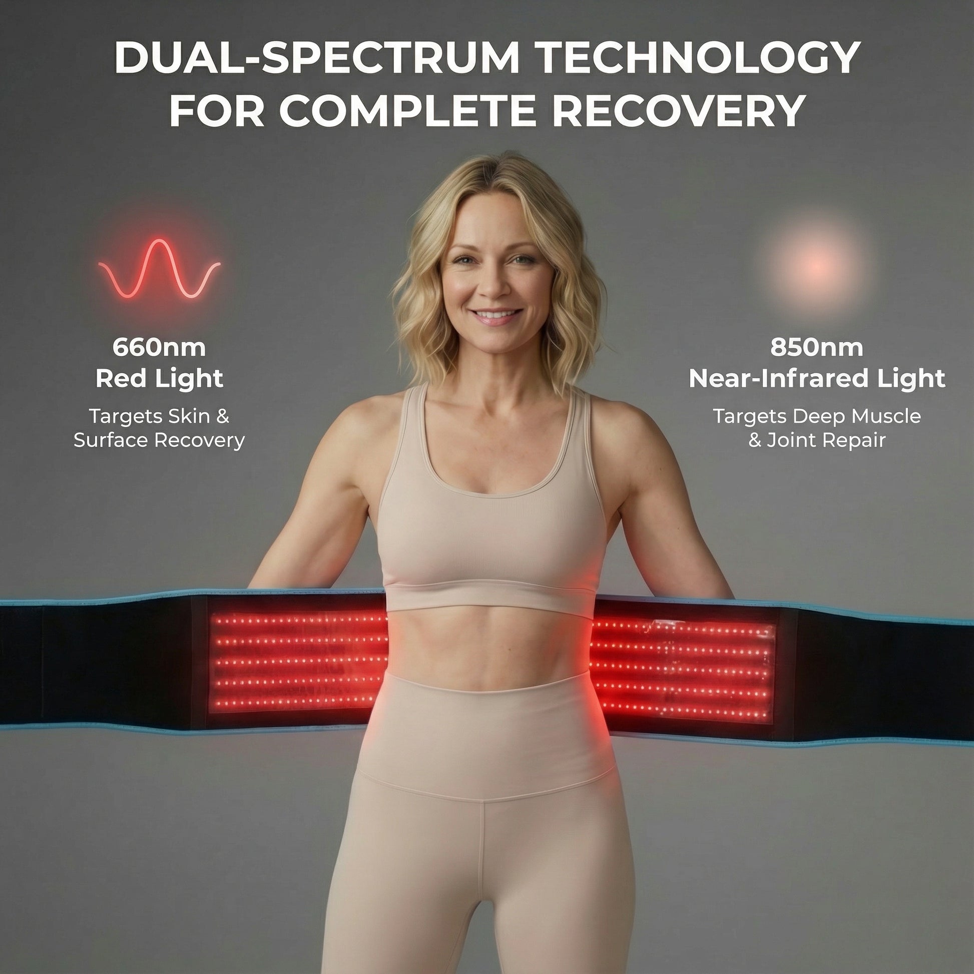 Woman wearing a LED belt with dual-spectrum technology for recovery, on a gray background.