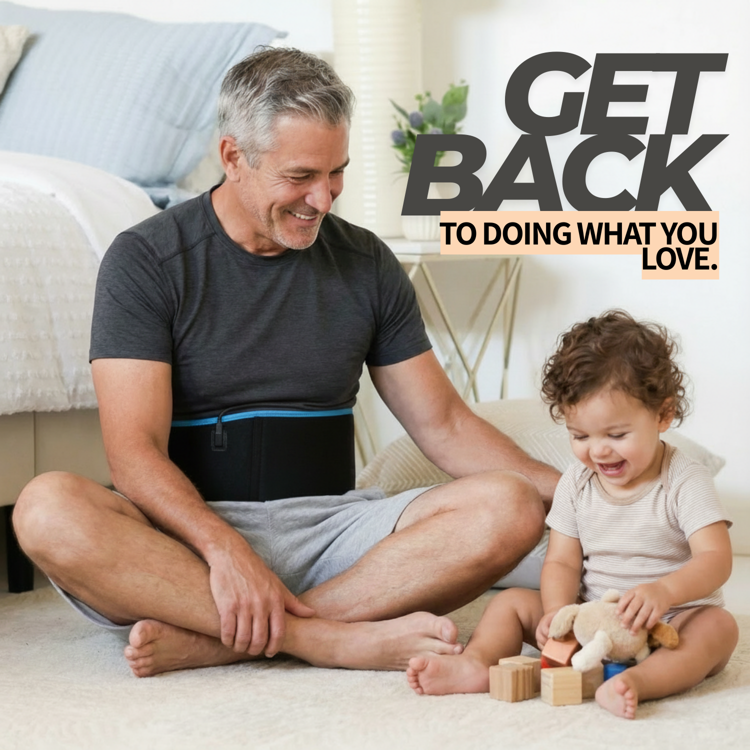 Man and child sitting on a couch with text 'Get Back To Doing What You Love'.