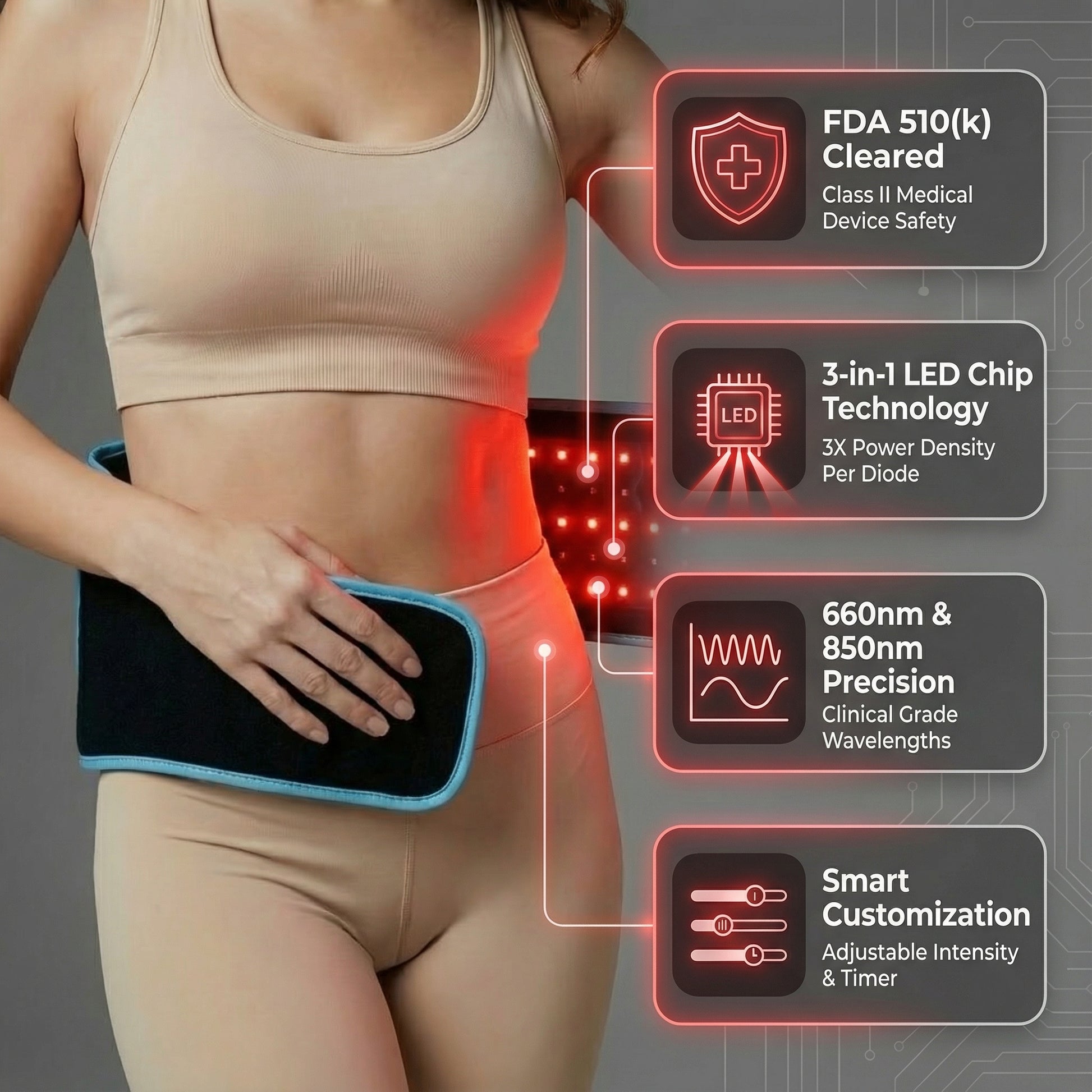 Woman using a heating pad with technical features highlighted on a gray background