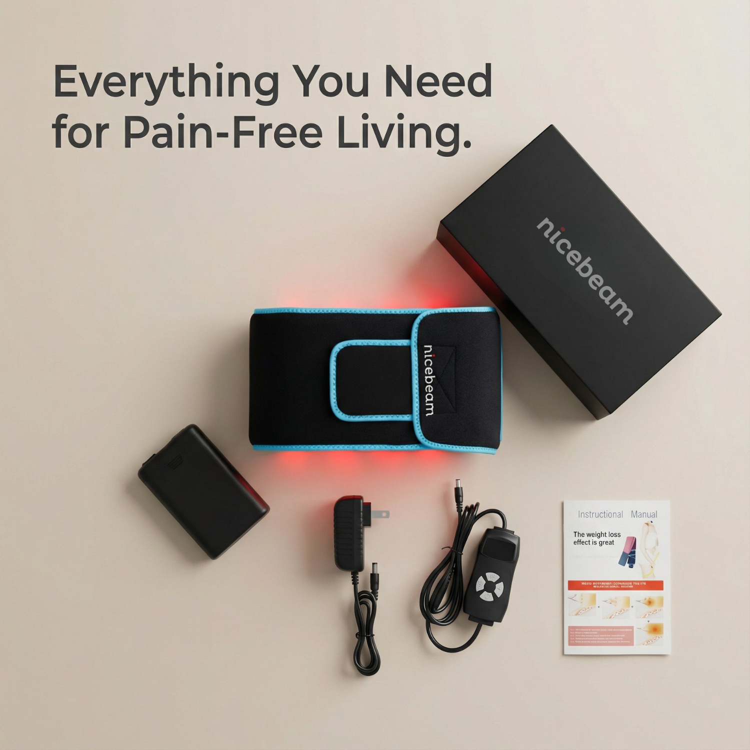 Pain relief device with accessories and packaging on a beige background, featuring the brand 'nicebeam'.