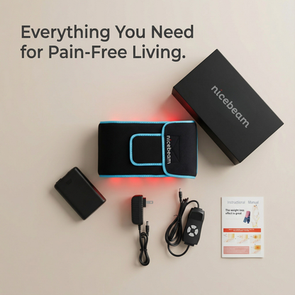 Pain relief device with accessories and packaging on a beige background, featuring the brand 'nicebeam'.