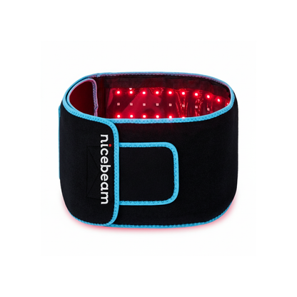 Black and blue waist wrap with LED lights on a white background, branded 'nicebeam'.