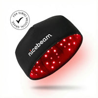 Black red light therapy cap with glowing LED lights and FDA medical grade label.