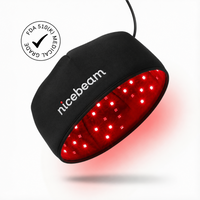 Black device with red LED lights labeled 'nicebeam' on a white background
